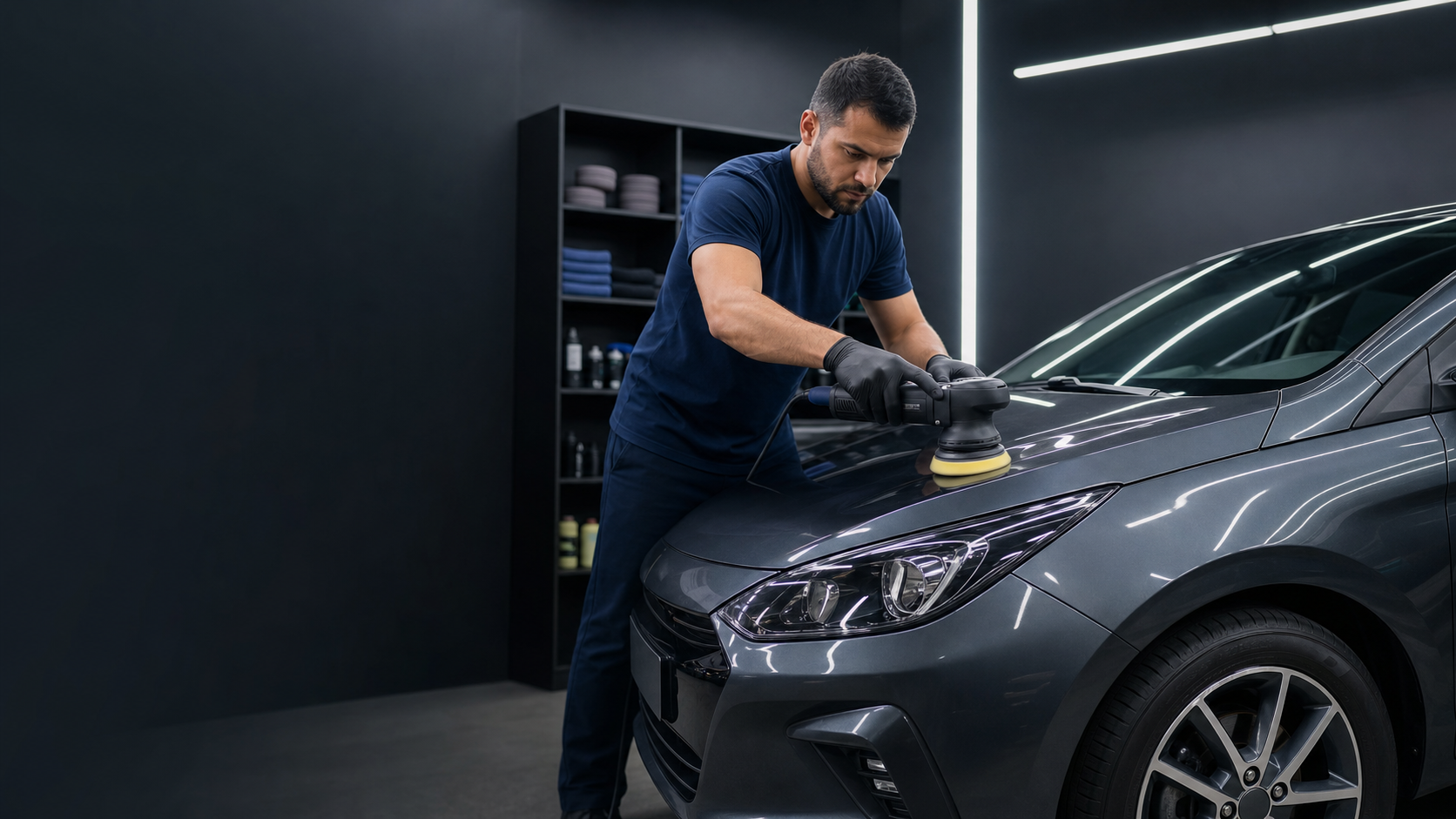 Profissional realizando polimento técnico em um carro