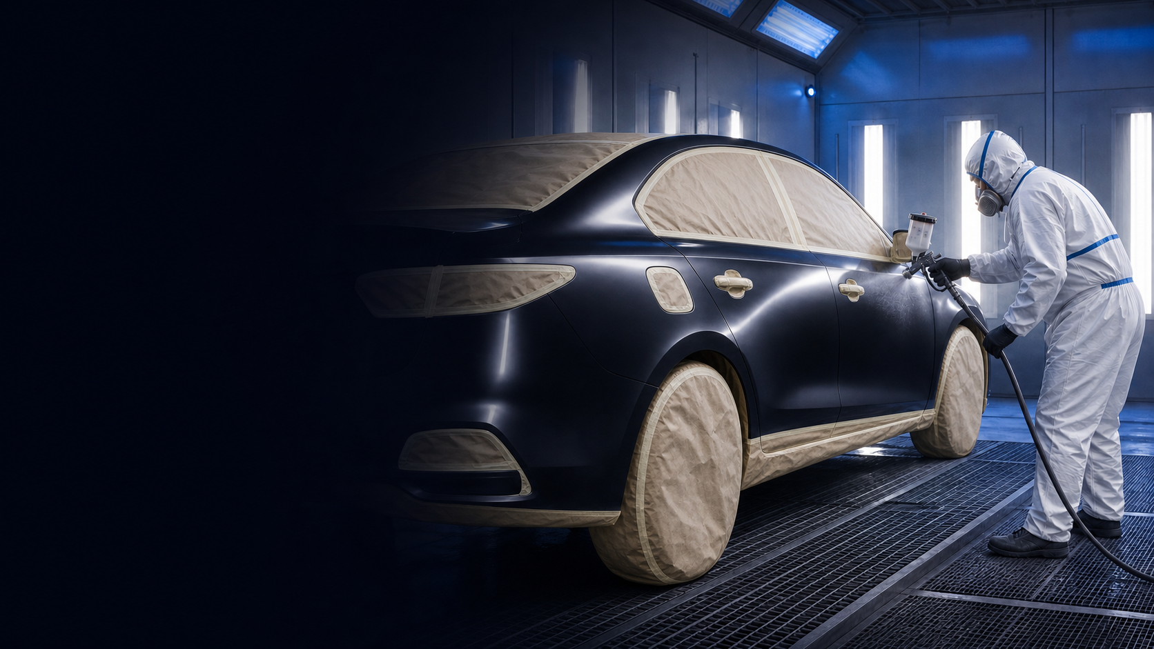 Profissional pintando um carro em cabine de pintura automotiva