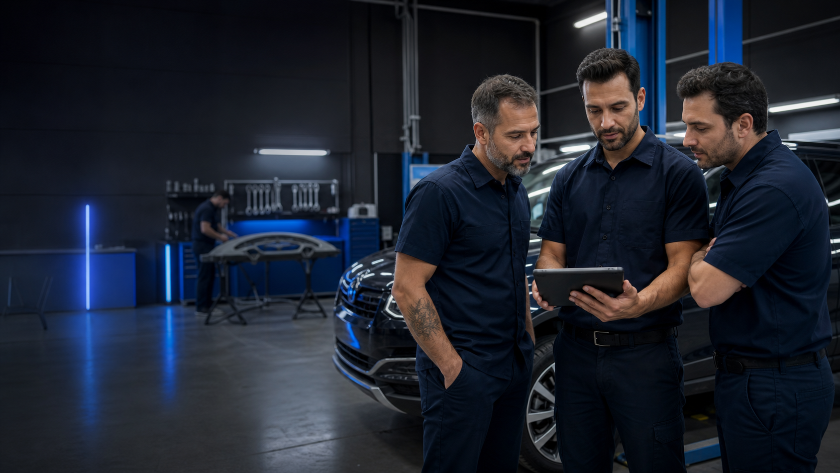 Equipe de funilaria consultando uma ordem de serviço em tablet